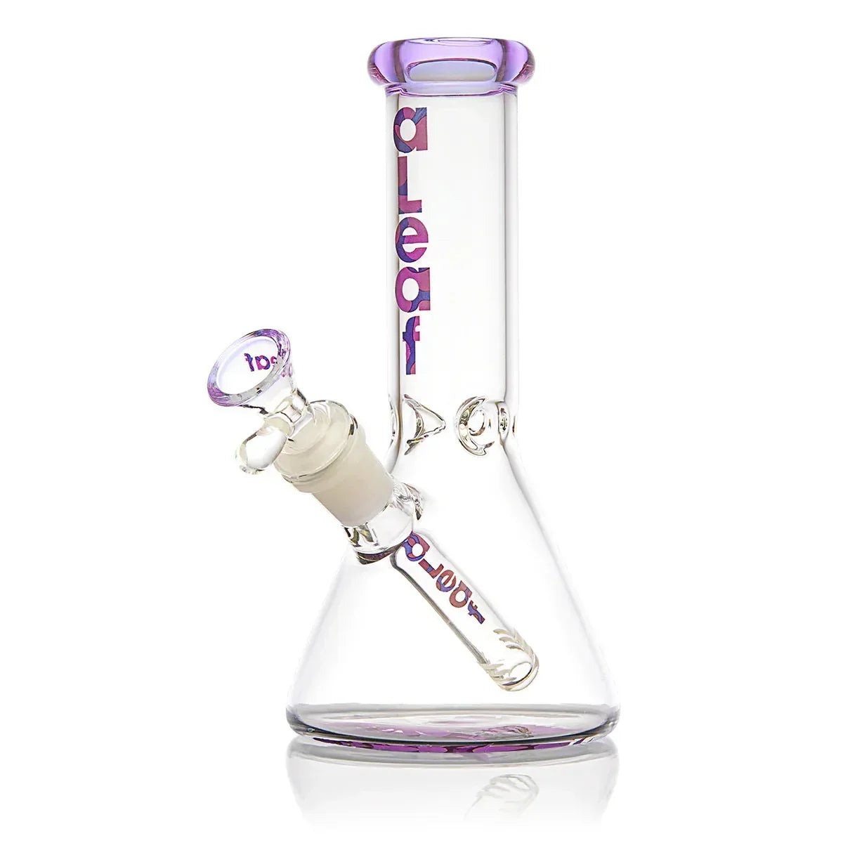 Clear glass beaker bong with purple accents and a colorful aLeaf logo on the neck