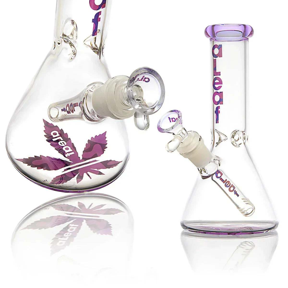 Clear glass beaker bong with purple leaf design and aLeaf logo, clean white background