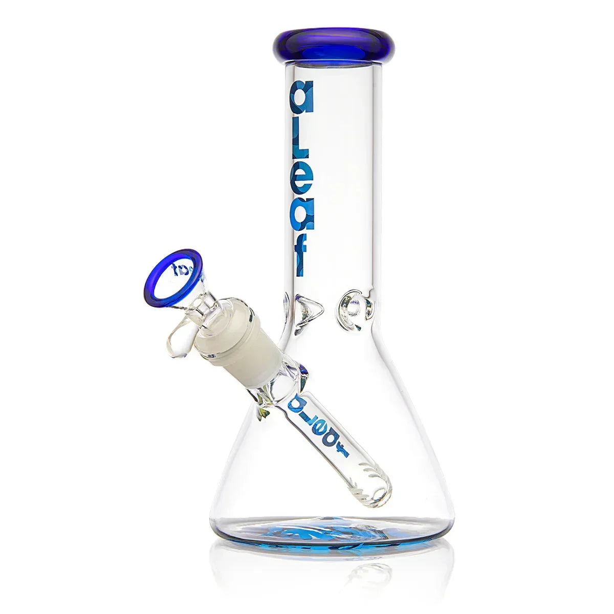 Clear glass beaker bong with blue accents and aLeaf logo, premium smoking accessory