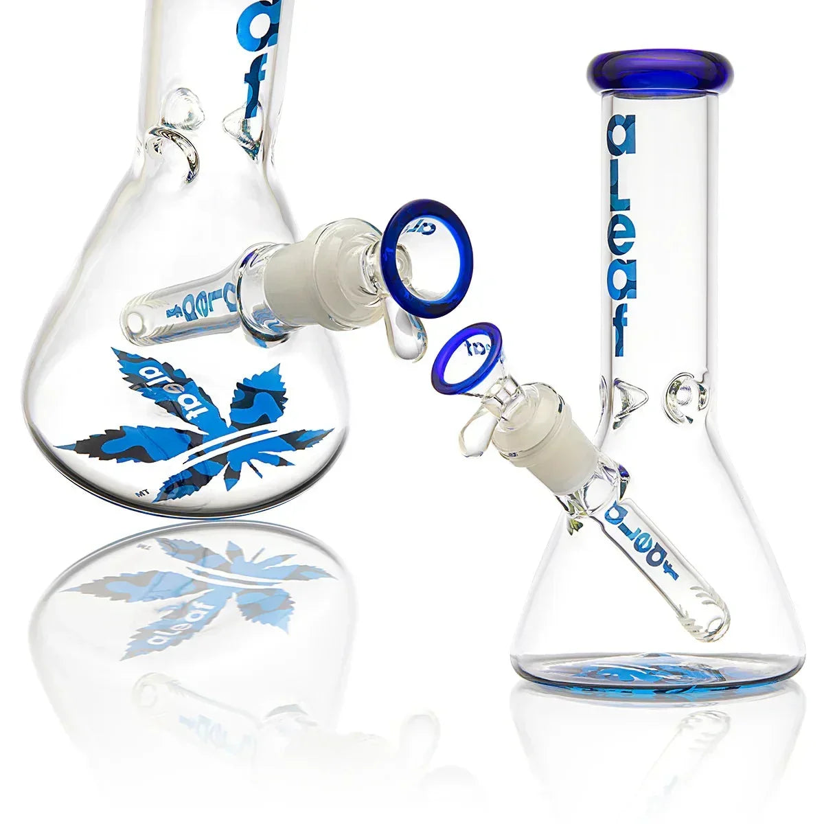 Clear glass beaker water pipe with blue accents and blue leaf design, removable downstem