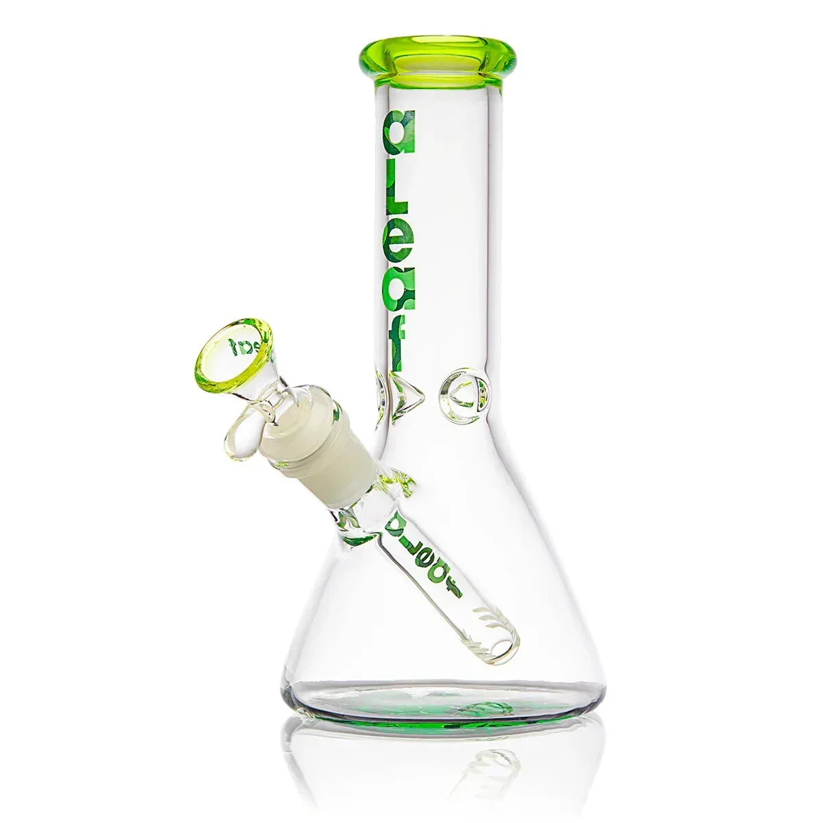 Clear glass beaker bong with green accents and vertical 'aLeaf' logo on neck.