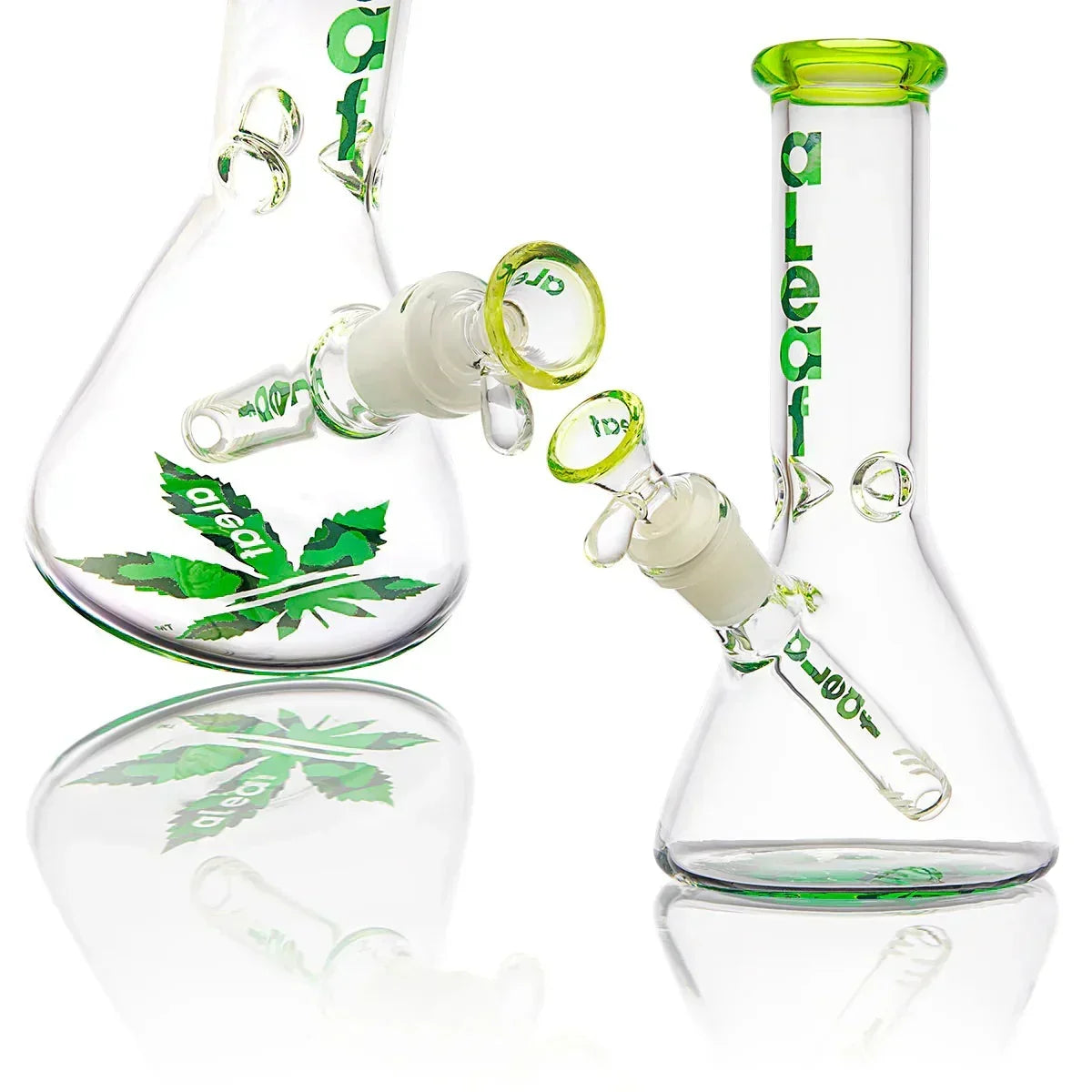 Clear glass beaker water pipe with green accents and leaf design, featuring removable bowl.