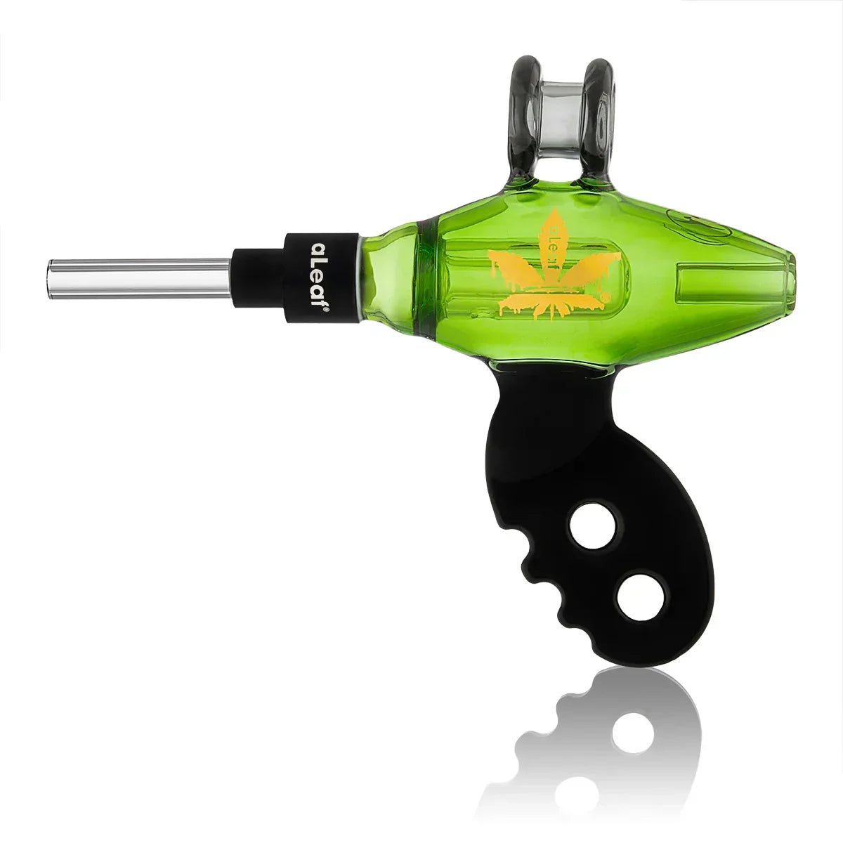 Green and black glass hand pipe with ergonomic handle and leaf design, isolated on white background