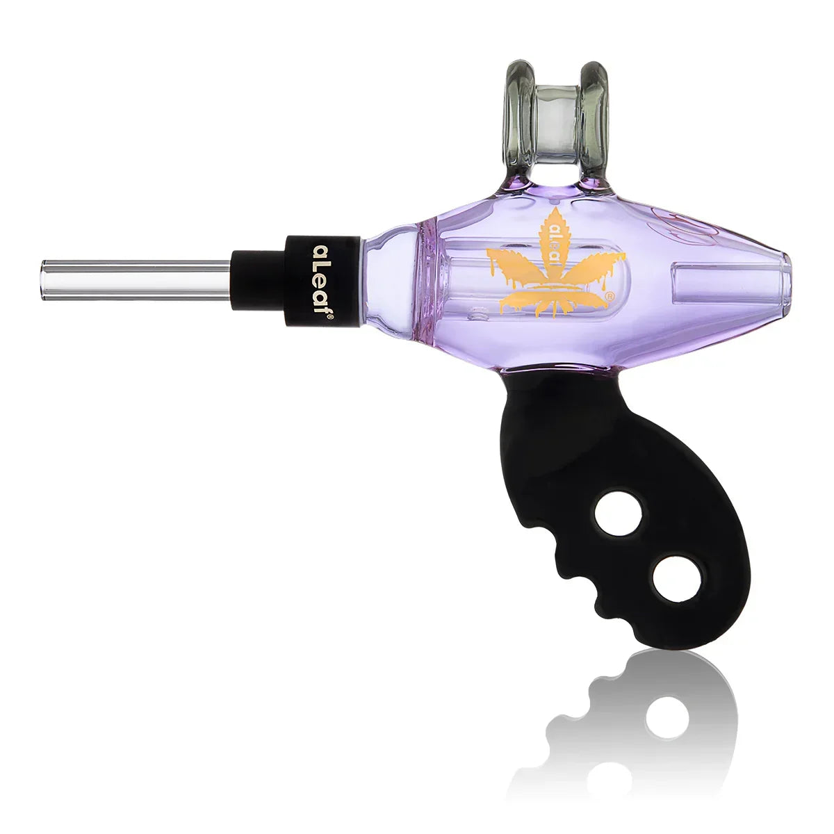 Purple glass honey straw dab pipe with butterfly logo and ergonomic black grip handle