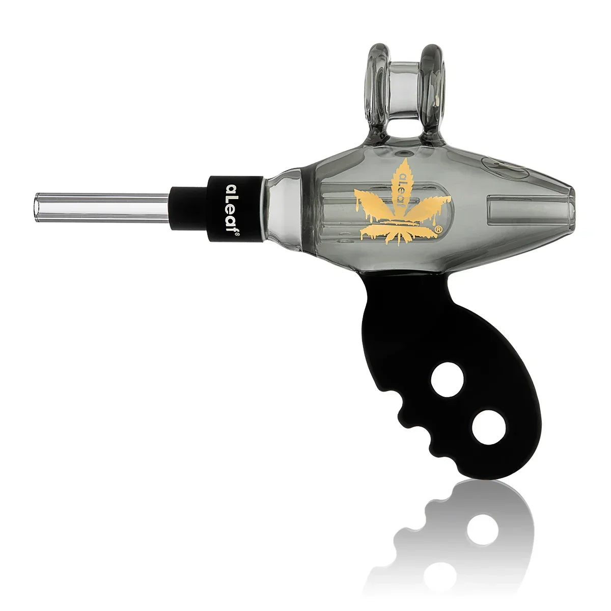Glass nectar collector with black handle and gold leaf design for concentrates