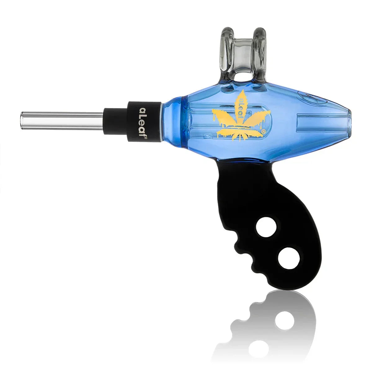Blue and black glass nectar collector with ergonomic handle and yellow leaf decal