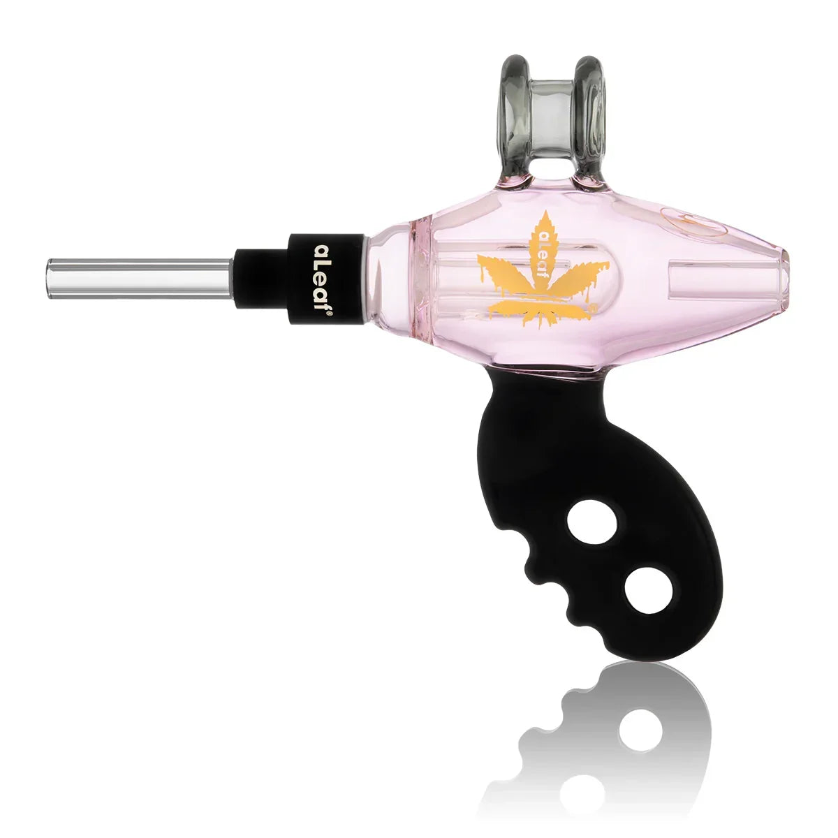 Pink glass nectar collector with ergonomic black handle and leaf design for smoking concentrates