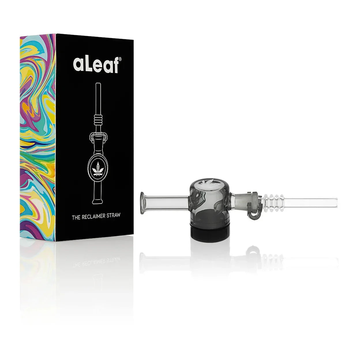 Glass reclaim straw smoking accessory with colorful box and leaf design