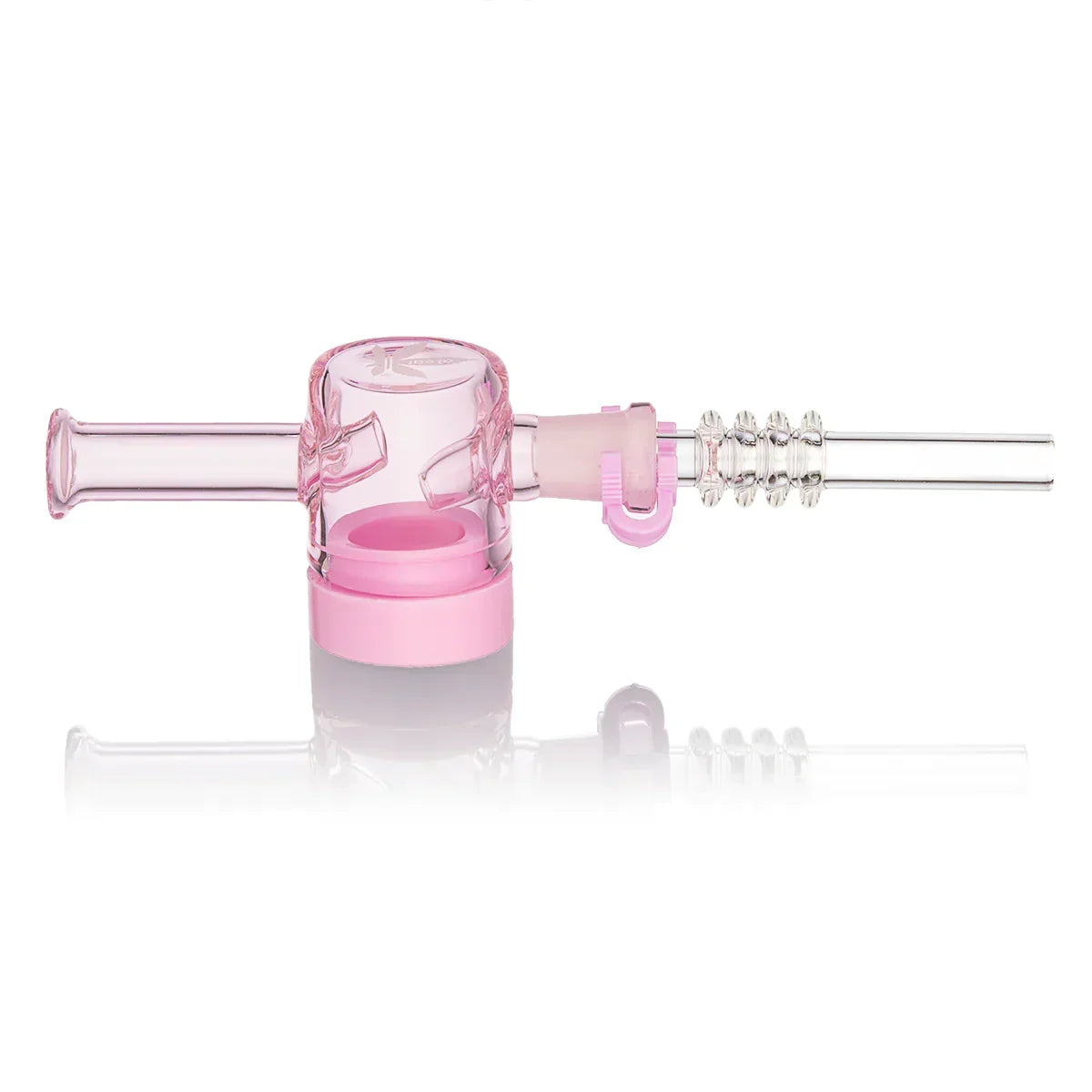 Pink glass dab straw with water filtration chamber and clear percolator attachments