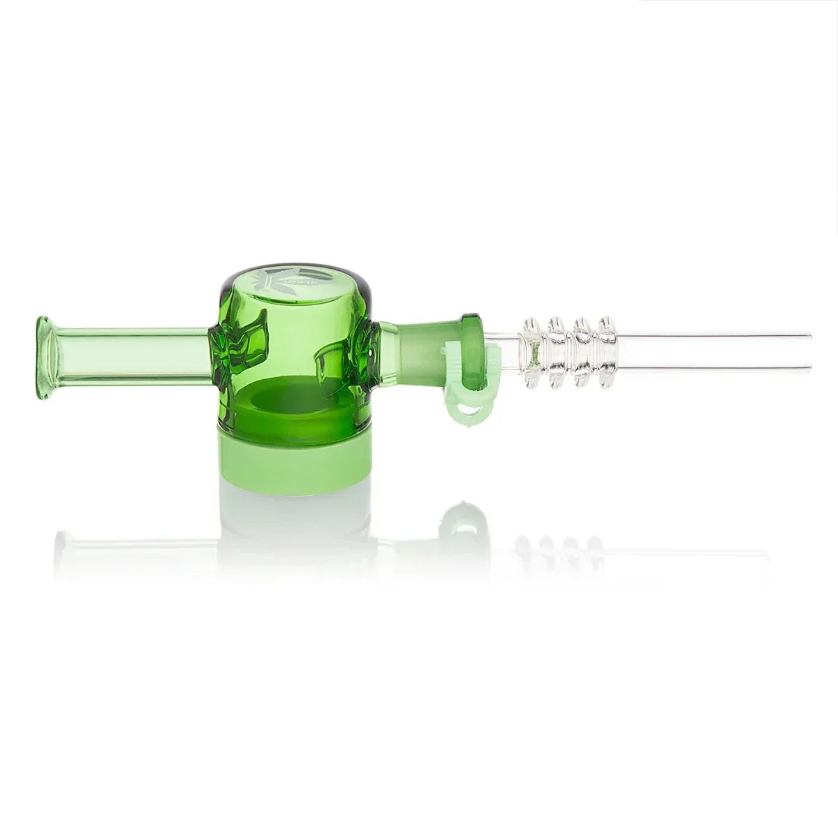 Green glass nectar collector with clear quartz tip for smoking concentrates on white background