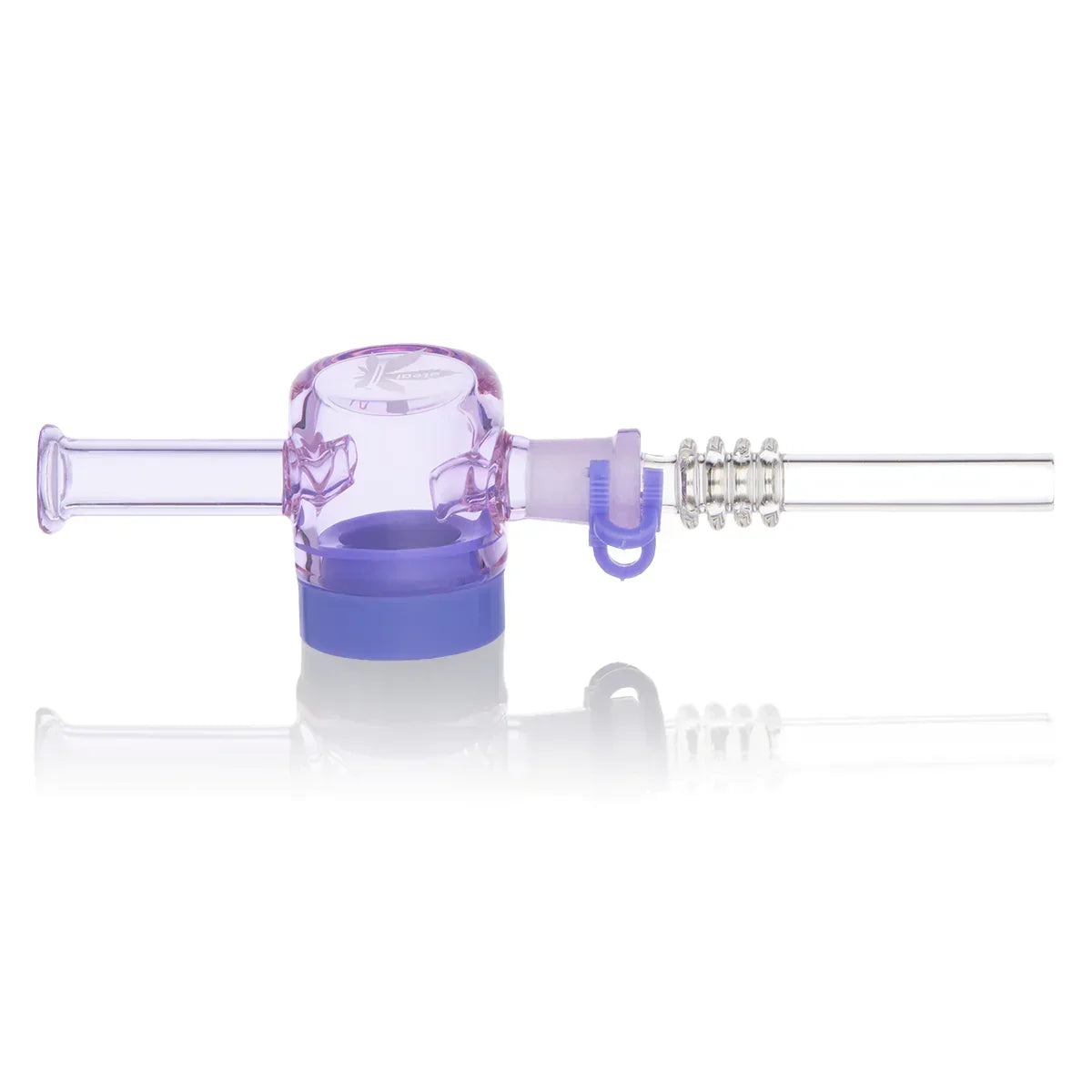 Purple silicone and glass portable smoking pipe with metal coil, on white background