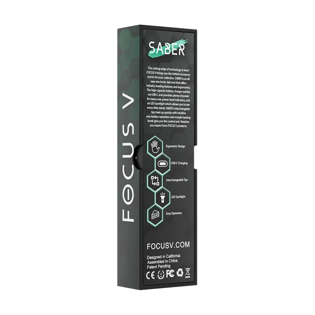 Focus V Saber electronic dab tool box with features like ergonomic design, USB-C charging, LED spotlight, and interchangeable tips highlighted.