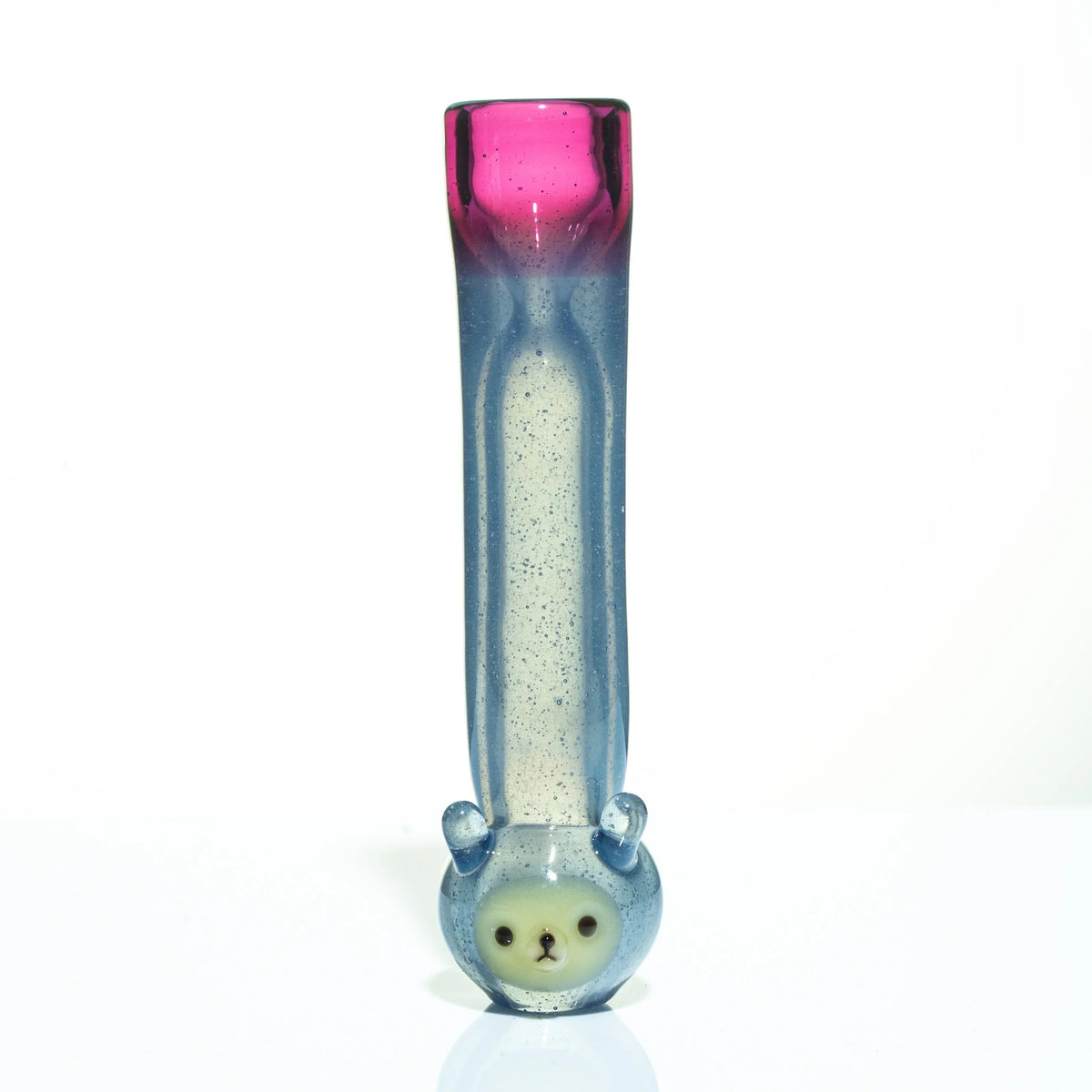 Aquarius Blue glass chillum with bear face design and pink accented mouthpiece