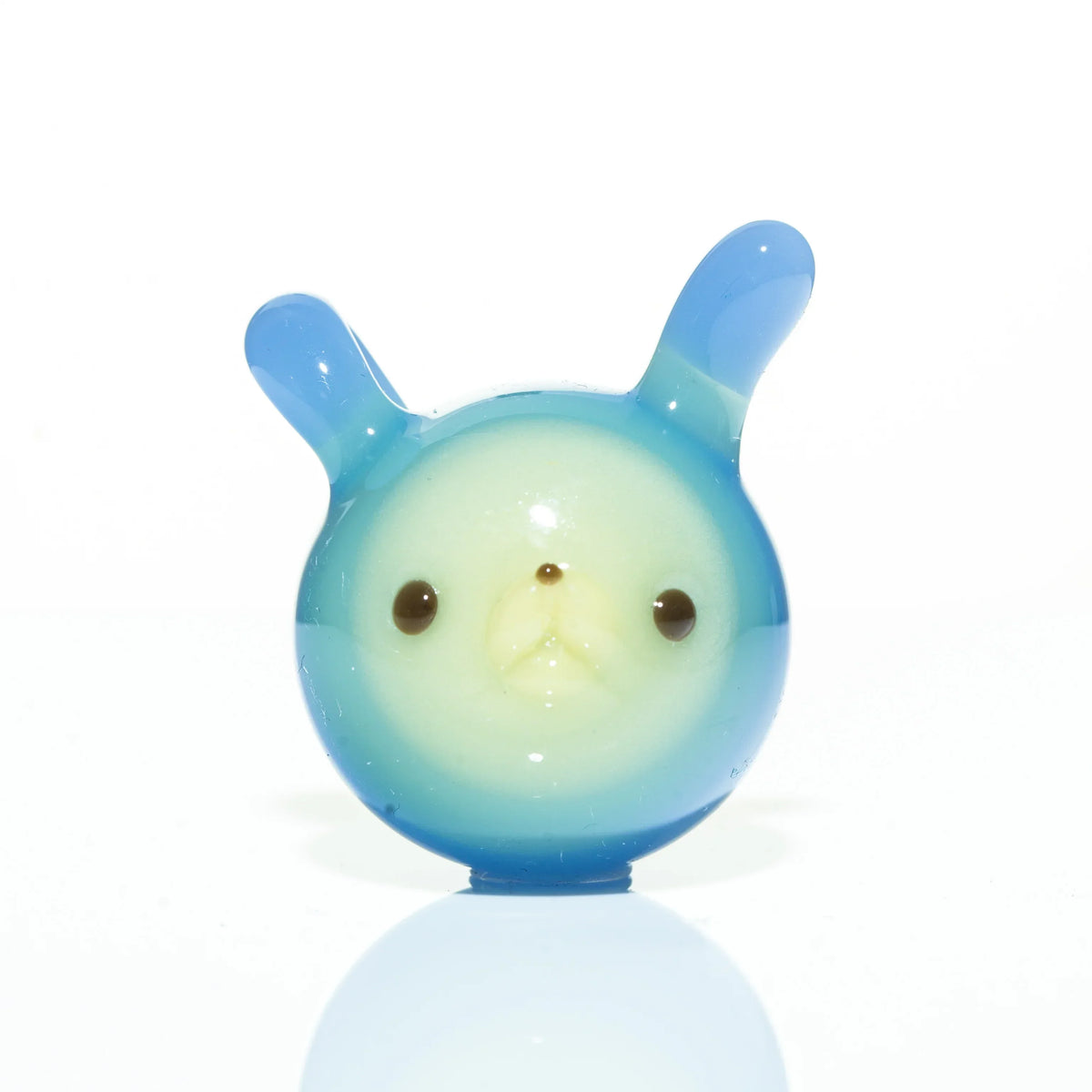 Handblown blue glass pendant shaped like a cute animal face with upright ears