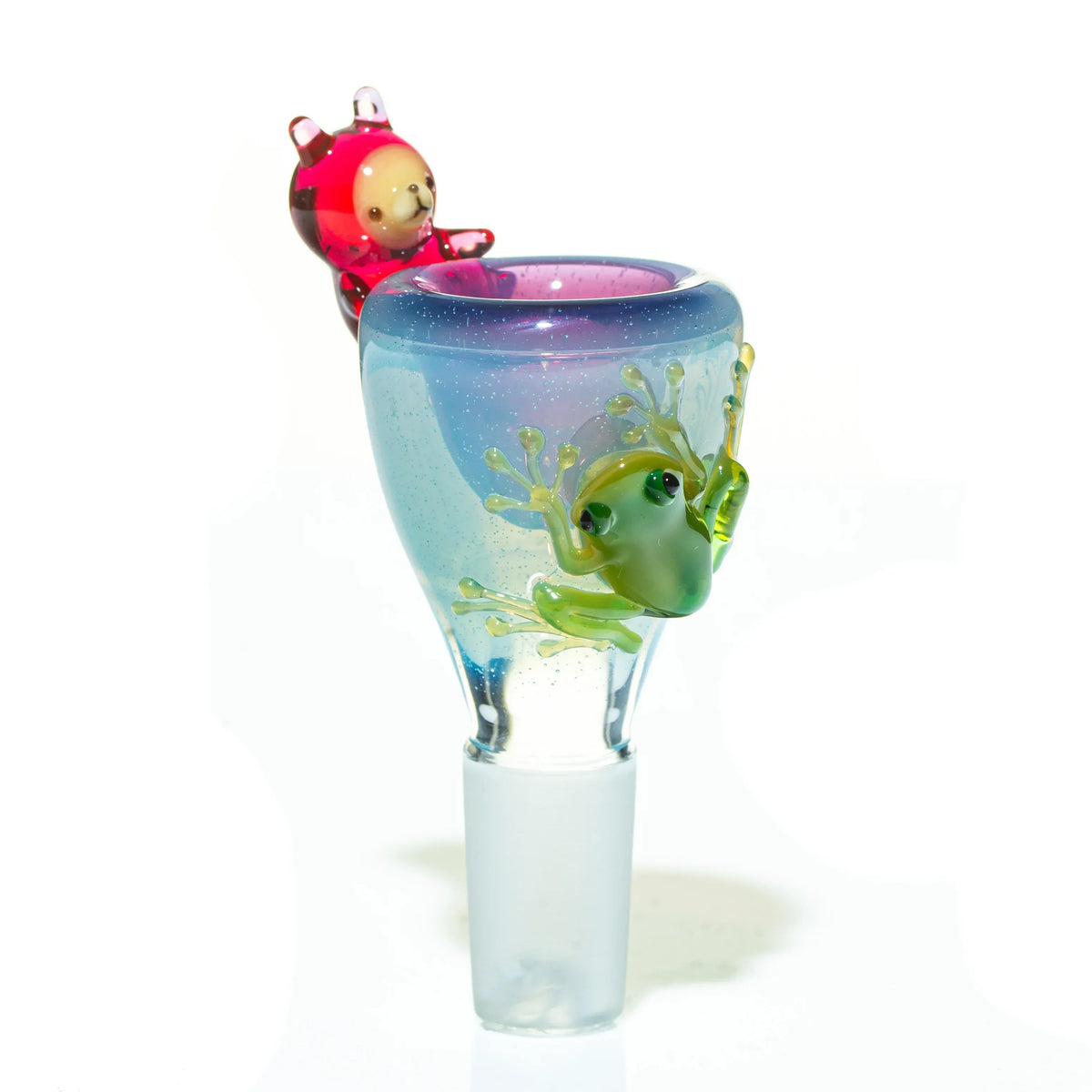 Glass bowl slide with green frog and red bear accents, 14mm, colorful smoking accessory