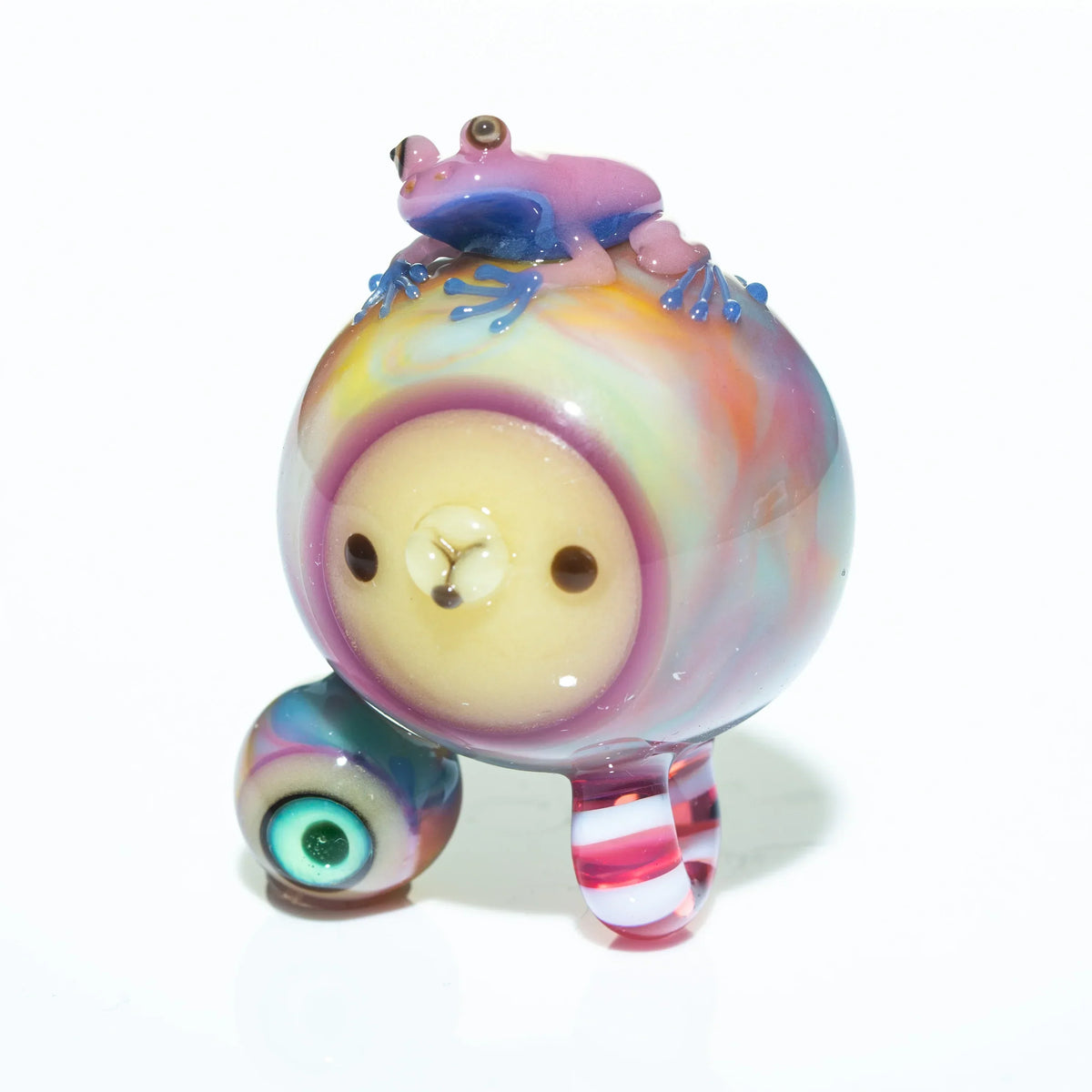 Handblown glass pendant with colorful swirl design, frog figure, and unique eye detail.