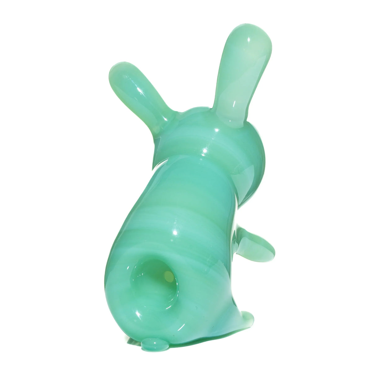 Mint green glass spoon pipe in a playful bunny shape, heady glass smoking accessory