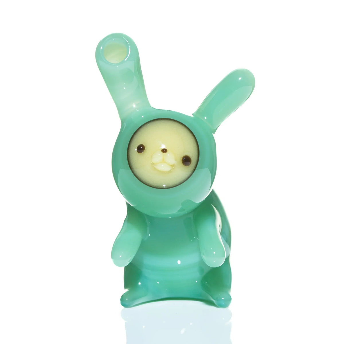 Mint green glass animal hand pipe with cute face, whimsical heady glass smoking accessory