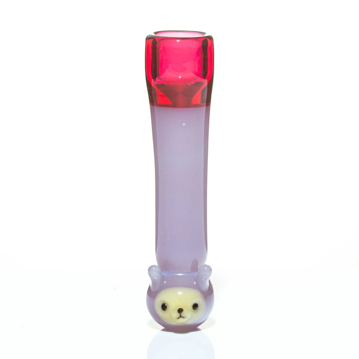Pink and purple glass chillum pipe with cute bear face detail on white background