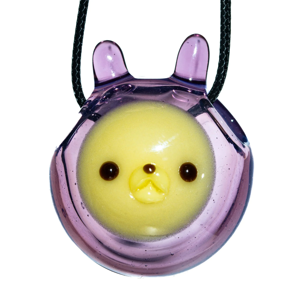Purple glass pendant necklace with cute yellow animal face and upright ears