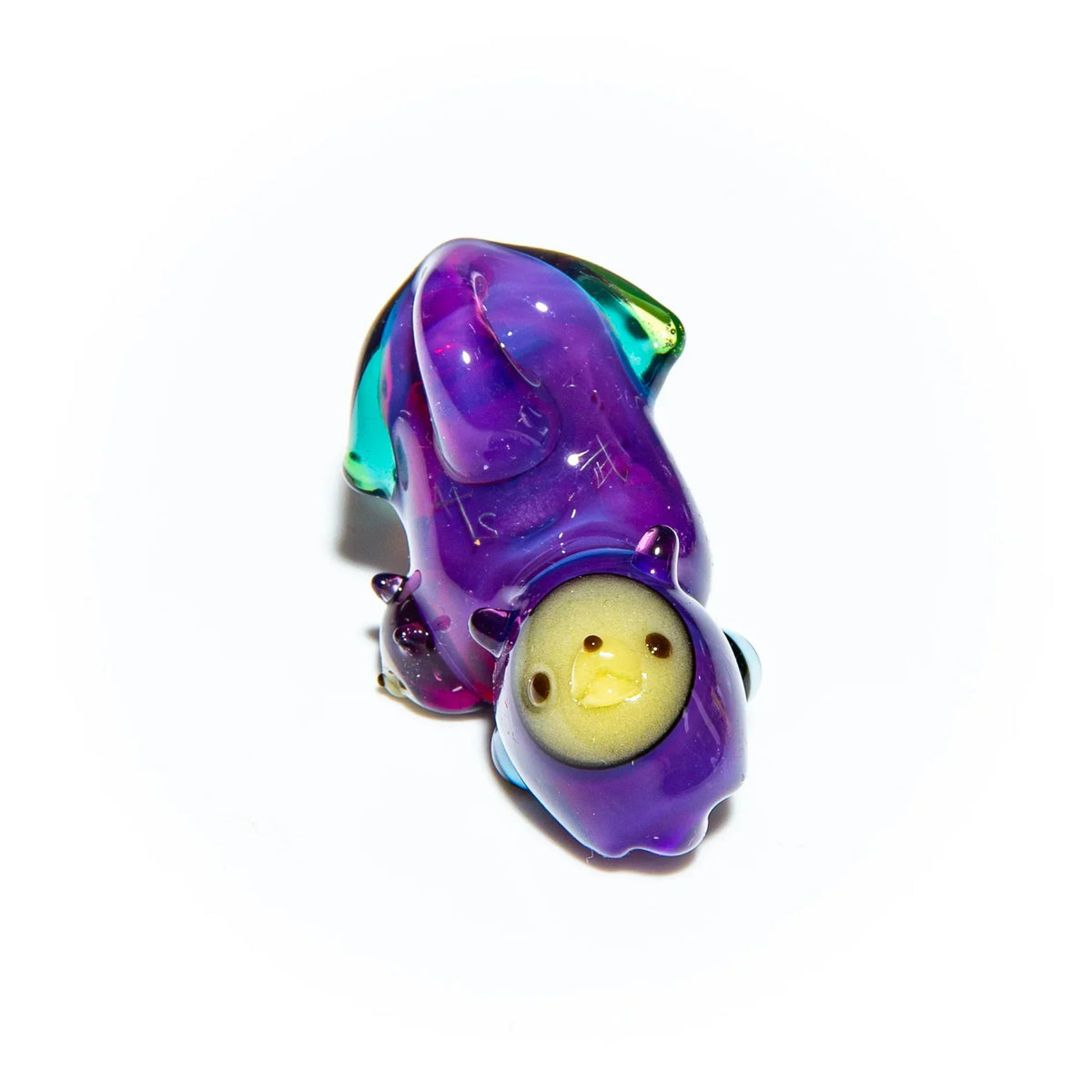 Colorful purple and yellow glass squid pipe with playful design on white background