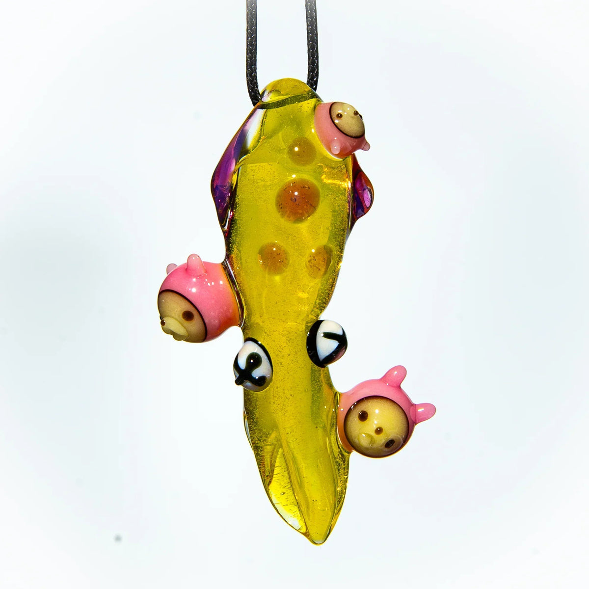 Yellow hand-blown glass pendant shaped like a squid with pink and beige accents