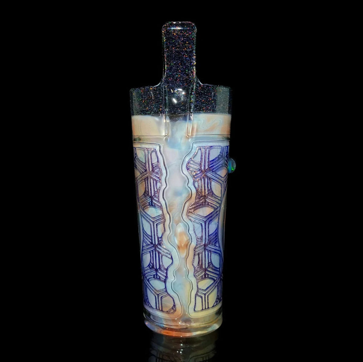 Colorful glass sippy cup with geometric patterns and iridescent sparkle details
