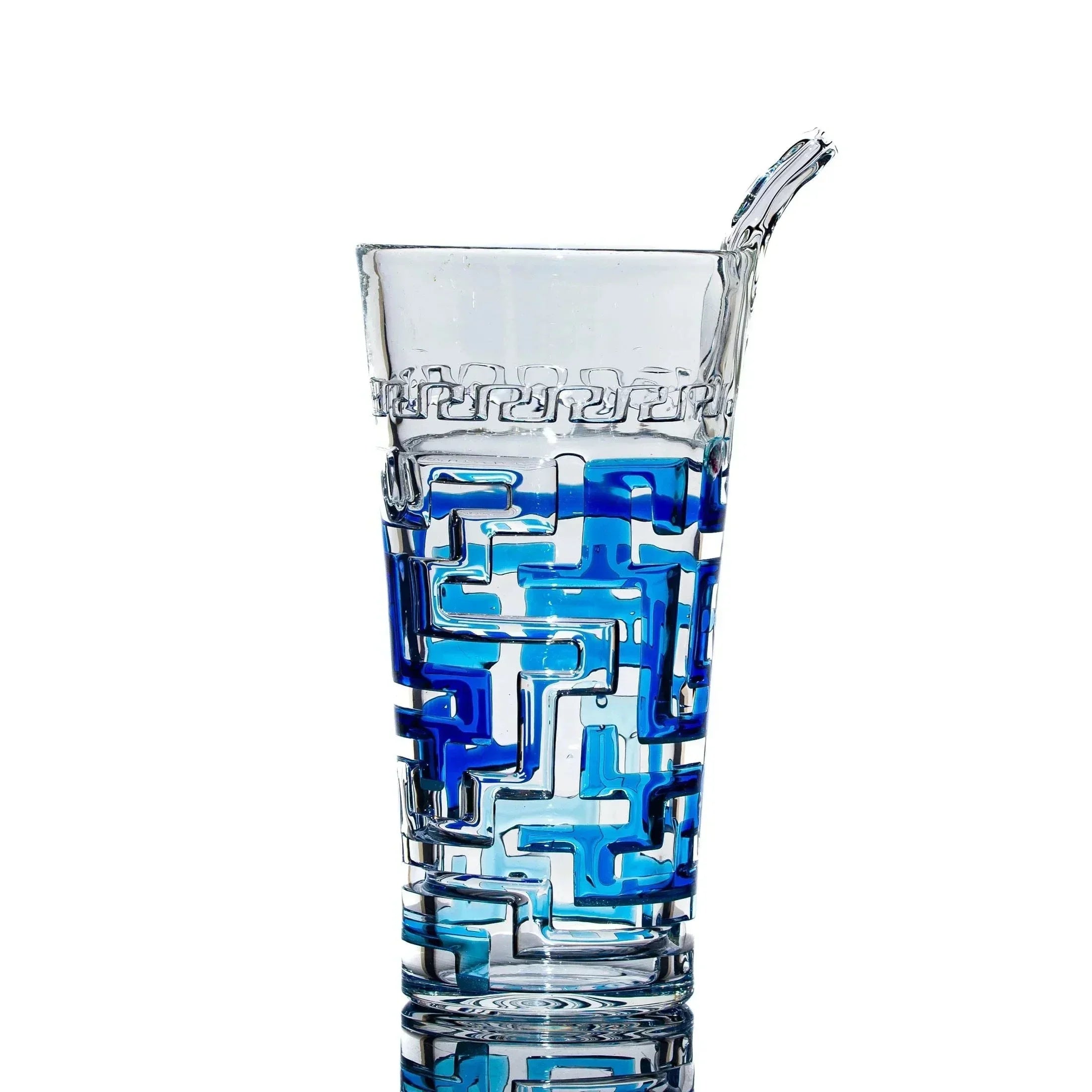Intricate glass tumbler with blue maze-like design, premium heady glass art piece