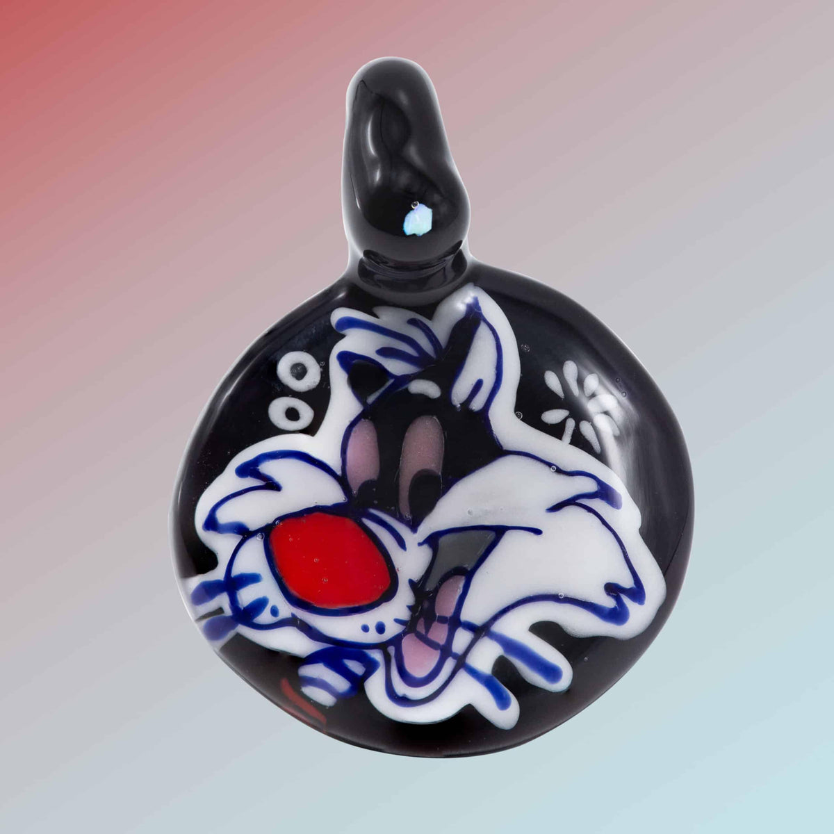 Handcrafted glass pendant featuring cartoon cat face with red nose on a gradient background