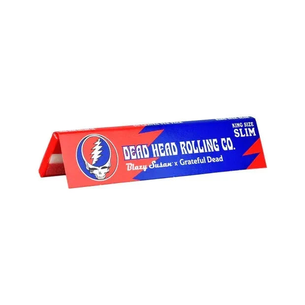 Dead Head Rolling Co. king size slim rolling papers, red and blue pack, Grateful Dead graphic.