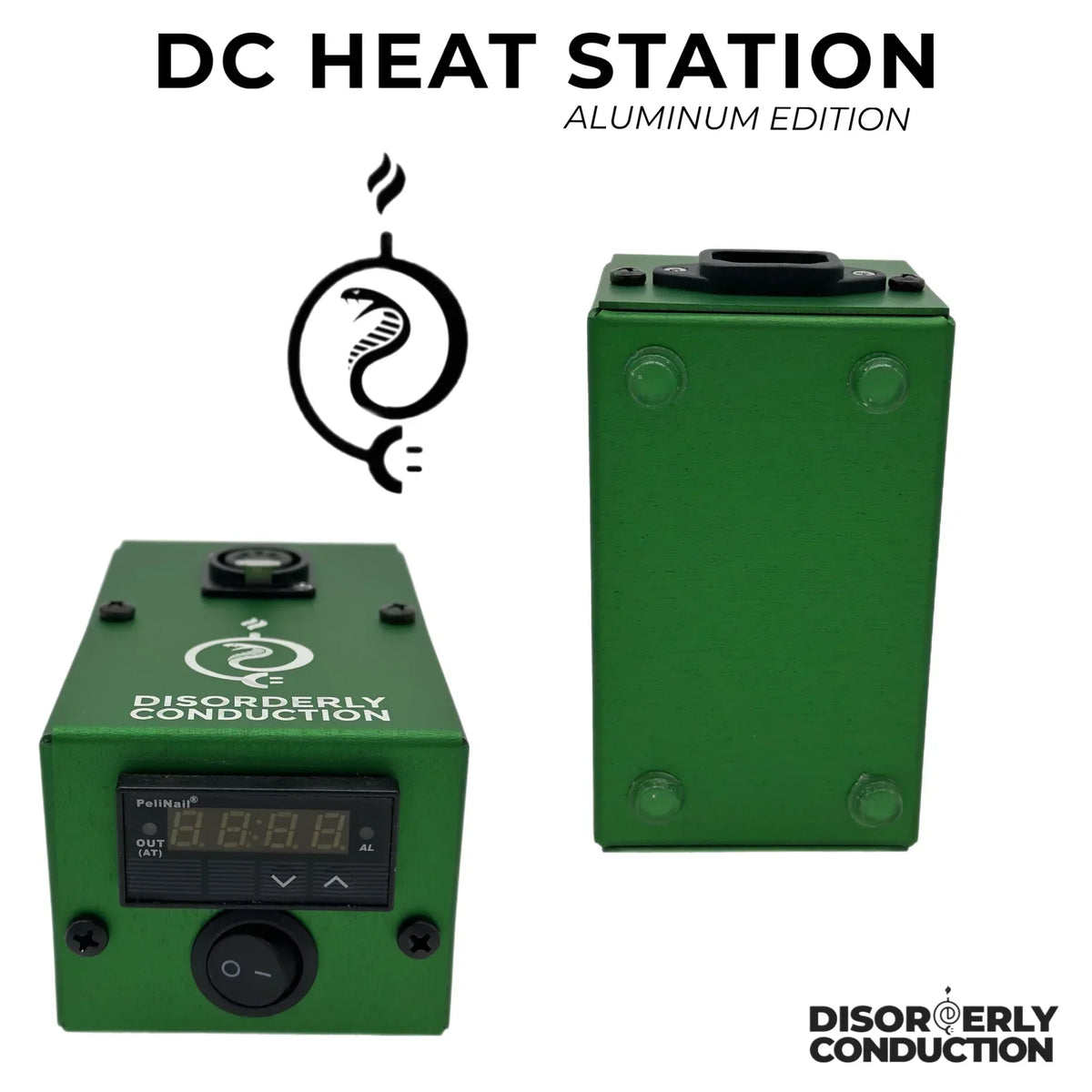 Green DC Heat Station Aluminum Edition with digital display and Disorderly Conduction logo.
