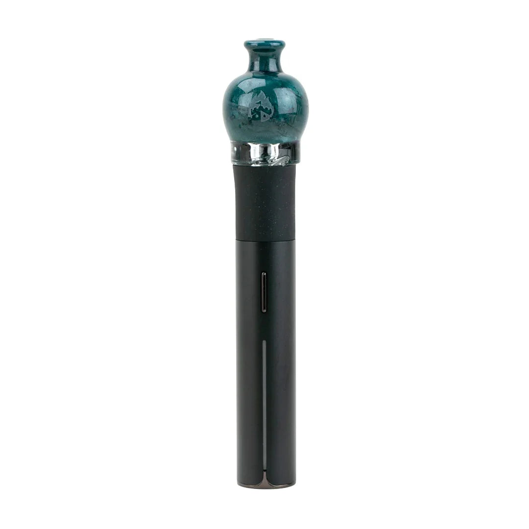 Black vaporizer pen with a teal glass mouthpiece on a white background