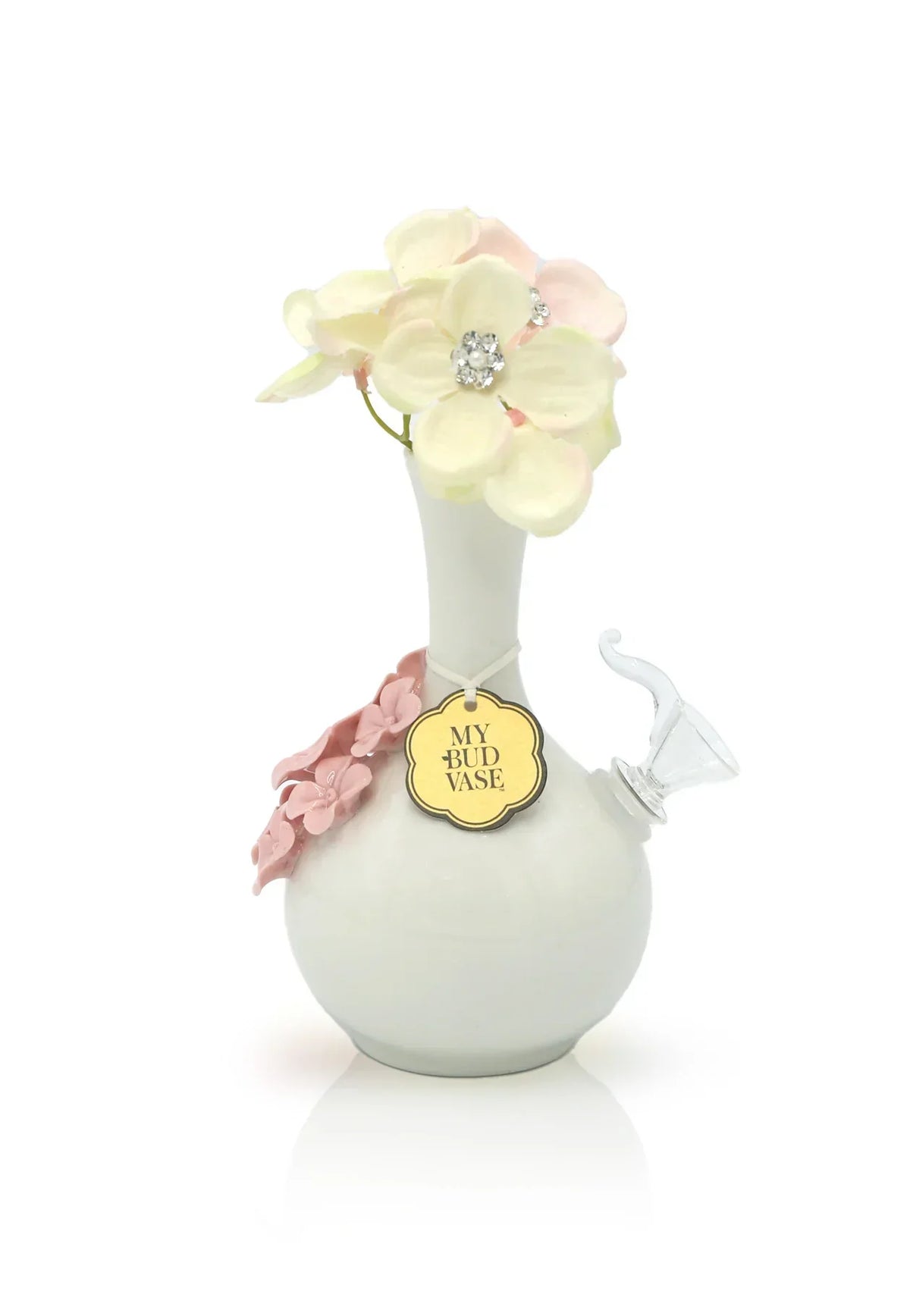 Elegant white ceramic bong with artificial flowers, pink accents, and glass bowl attachment.