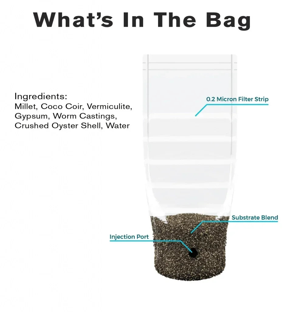 Clear grow bag with substrate blend, injection port, and 0.2 micron filter strip, labeled ingredients.