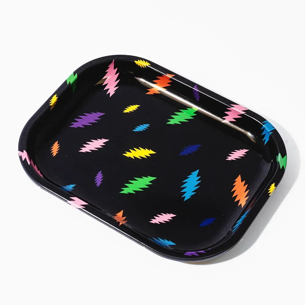 Black metal rolling tray with colorful lightning bolt pattern, smoking accessories