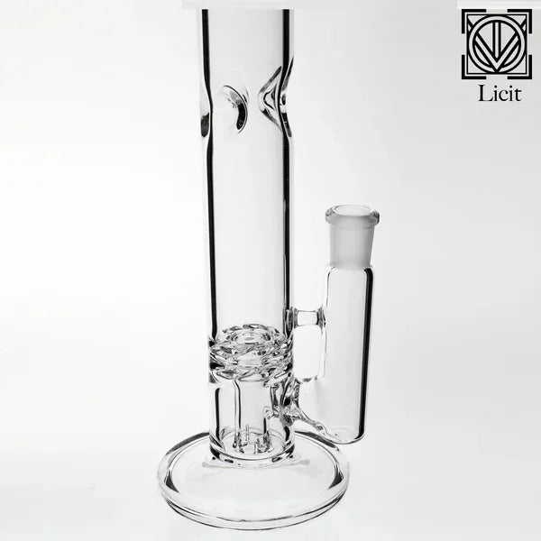 Clear glass water pipe with ice pinches and wide base, displayed on a white background.