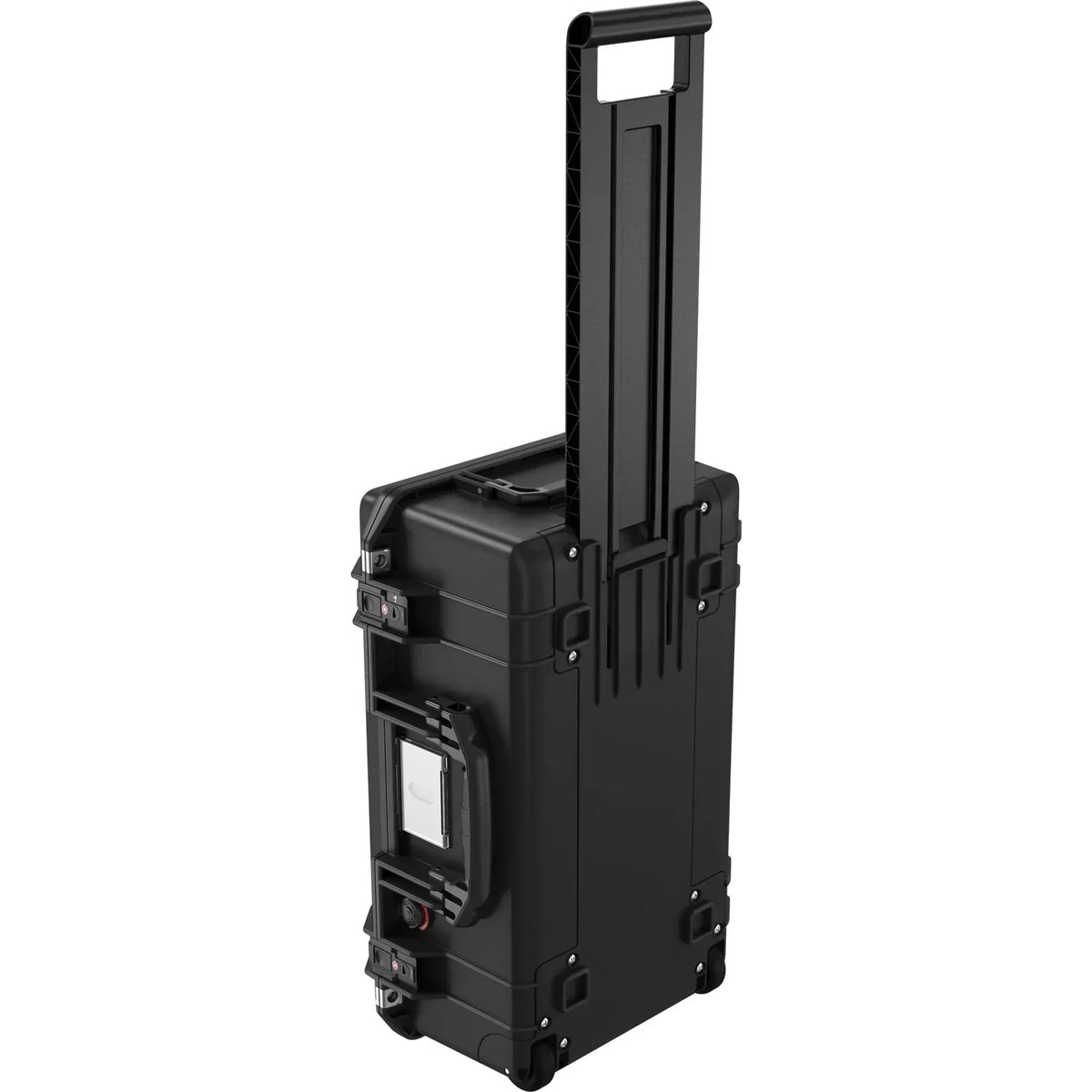 Black hard-shell rolling travel case with extended telescopic handle