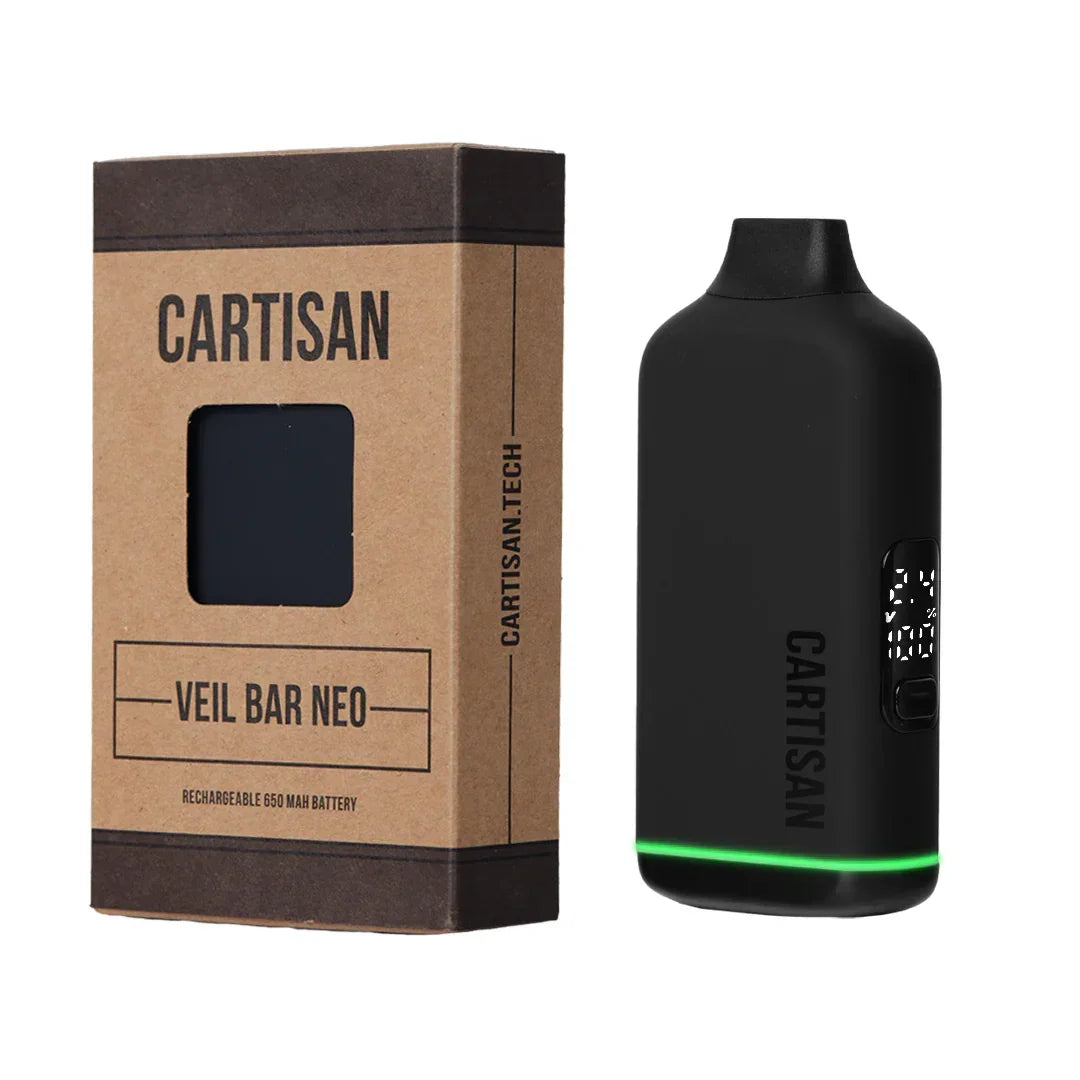 Cartisan Veil Bar Neo portable vaporizer and packaging with digital display