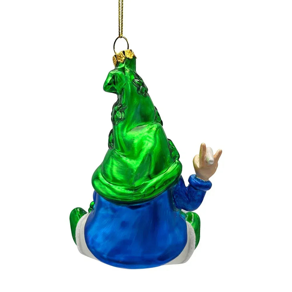 Colorful gnome ornament with green hat, blue outfit, peace sign hand gesture, hanging on string