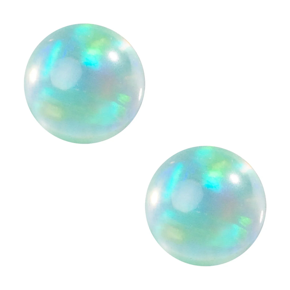 Two iridescent opal terp pearls with blue and green hues on a white background