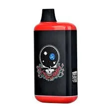 Black and red vaporizer with space-themed skull and roses graphic on white background