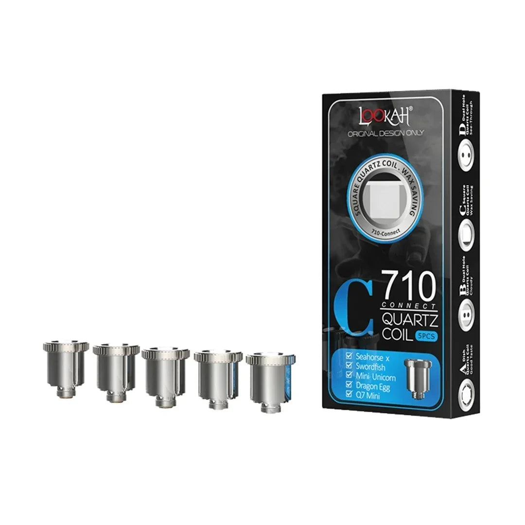 Lookah 710 Connect quartz coil set with five replacement coils and product packaging for vaporizers.
