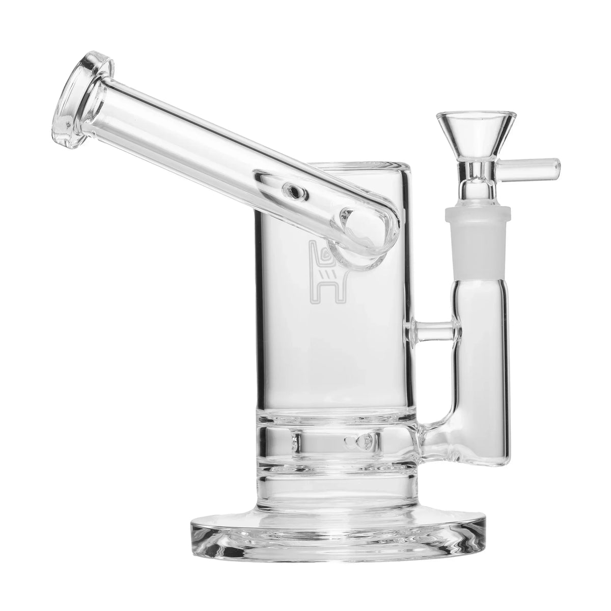 Clear glass water pipe with angled mouthpiece and wide base for smoking accessories