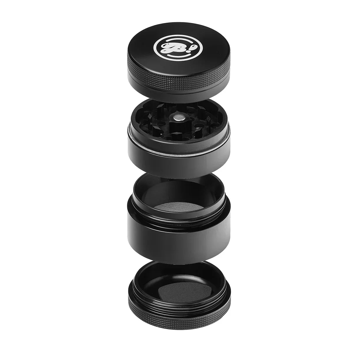 Four-piece black herb grinder with sifter, shown in separated layers on white background.