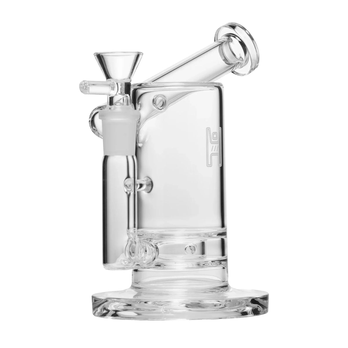 Clear glass water pipe with straight neck and wide base on white background