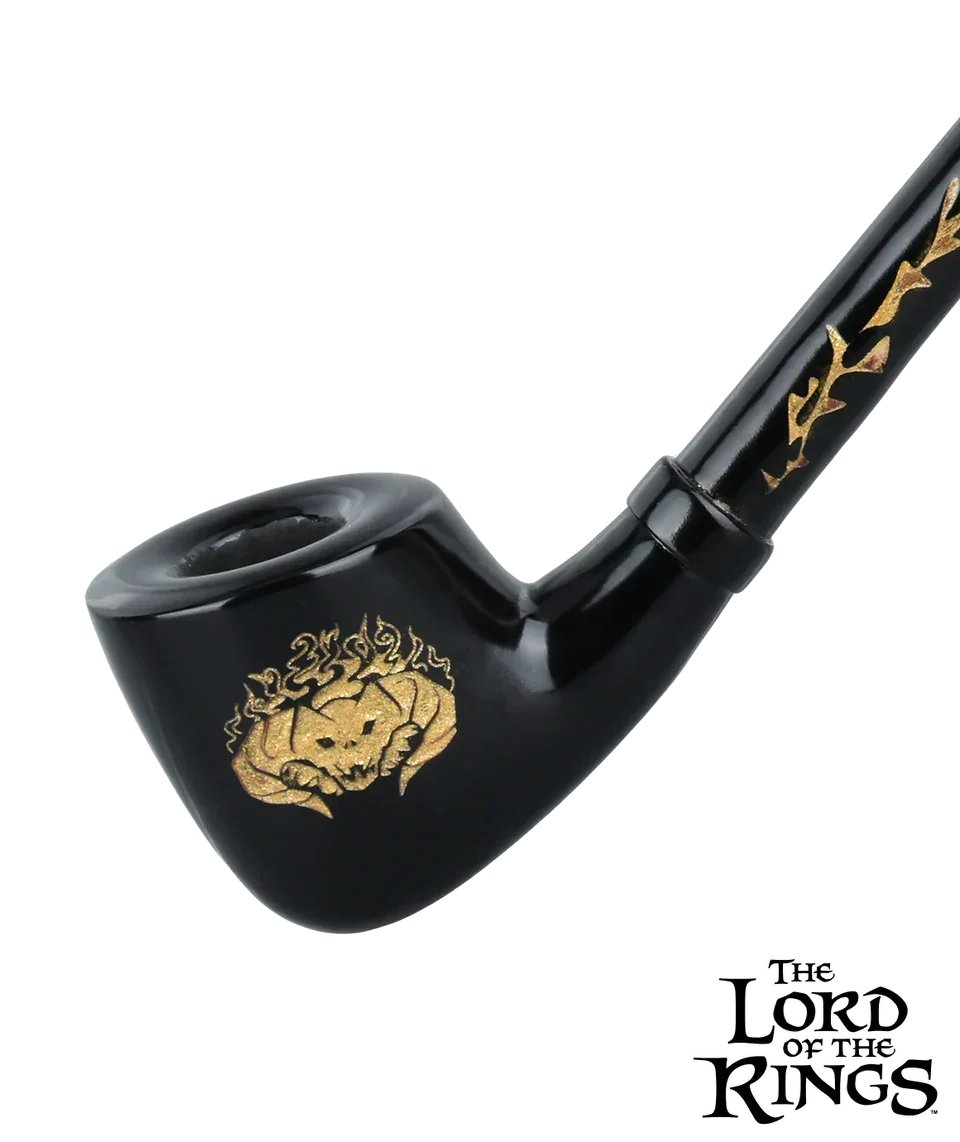 Black glass pipe with gold flame and skull design, Lord of the Rings collectible accessory