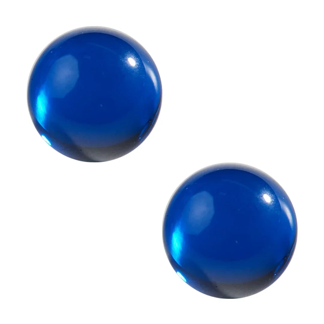 Two blue glass terp pearls on white background, vaporizer accessory for concentrate rigs