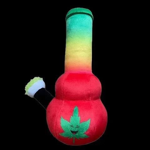 Plush bong toy with rainbow colors and happy leaf face, novelty smoking accessory gift