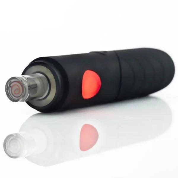 Black electronic dab tool with heated coil and glowing red button on white background