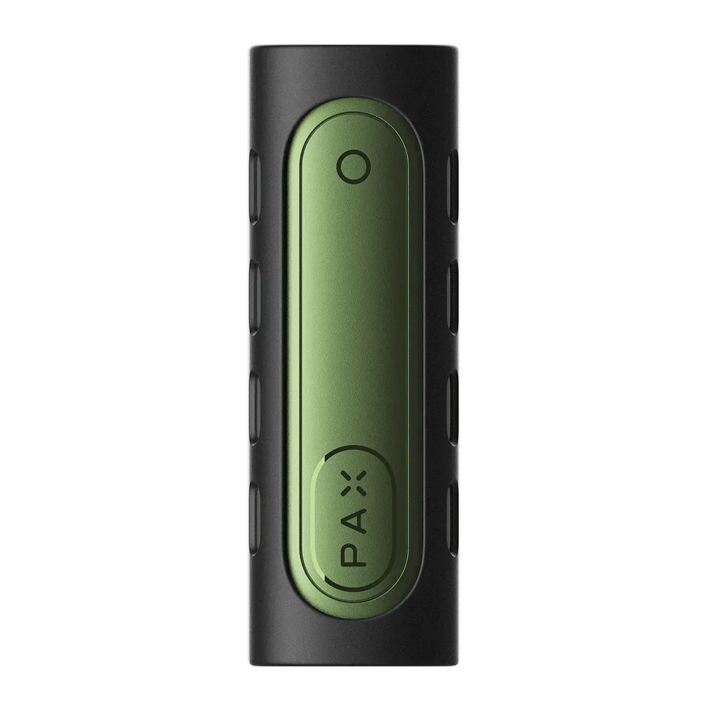 Green portable vaporizer with black trim and PAX logo, isolated on black background